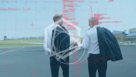 abstract shape and data processing over caucasian two pilots talking while walking on airport runway