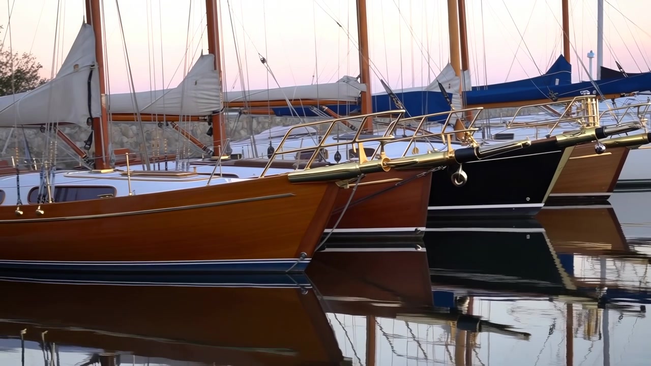 Diverse barche a vela sono ormeggiate fianco a fianco in una marina tranquilla, con alti alberi che si ergono in un cielo al tramonto tenue e riflessi che luccicano sull'acqua calma.