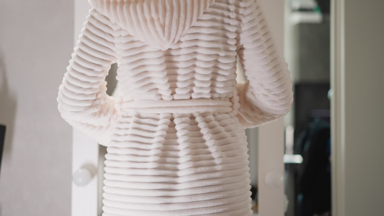 여자는 저녁 치료 후 편안한 따뜻한 욕조를 입습니다. 여성은 몸 위에 테리 로브를 던집니다. 샤워를 한 후 벨트로 습니다.