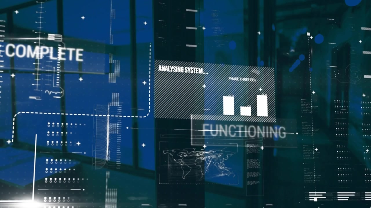 Animation of data processing over empty office
