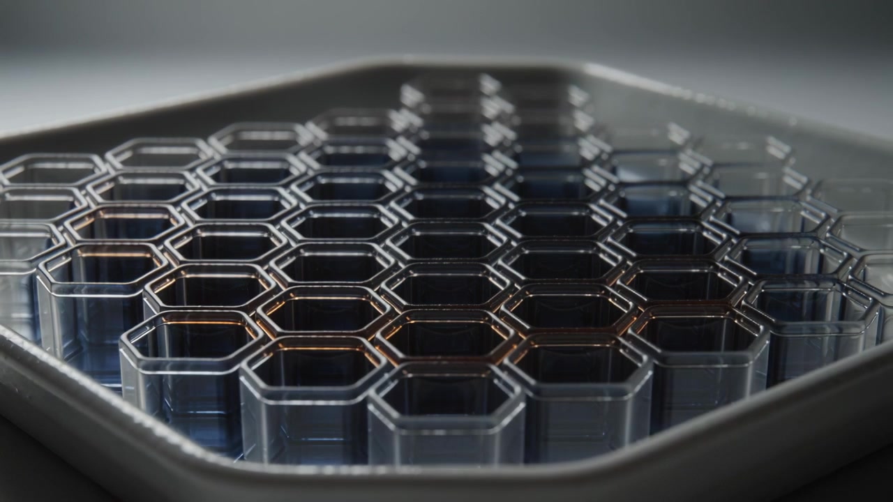 Tilting camera downward, revealing clear honeycomb tray on studio table, emphasizing darker center