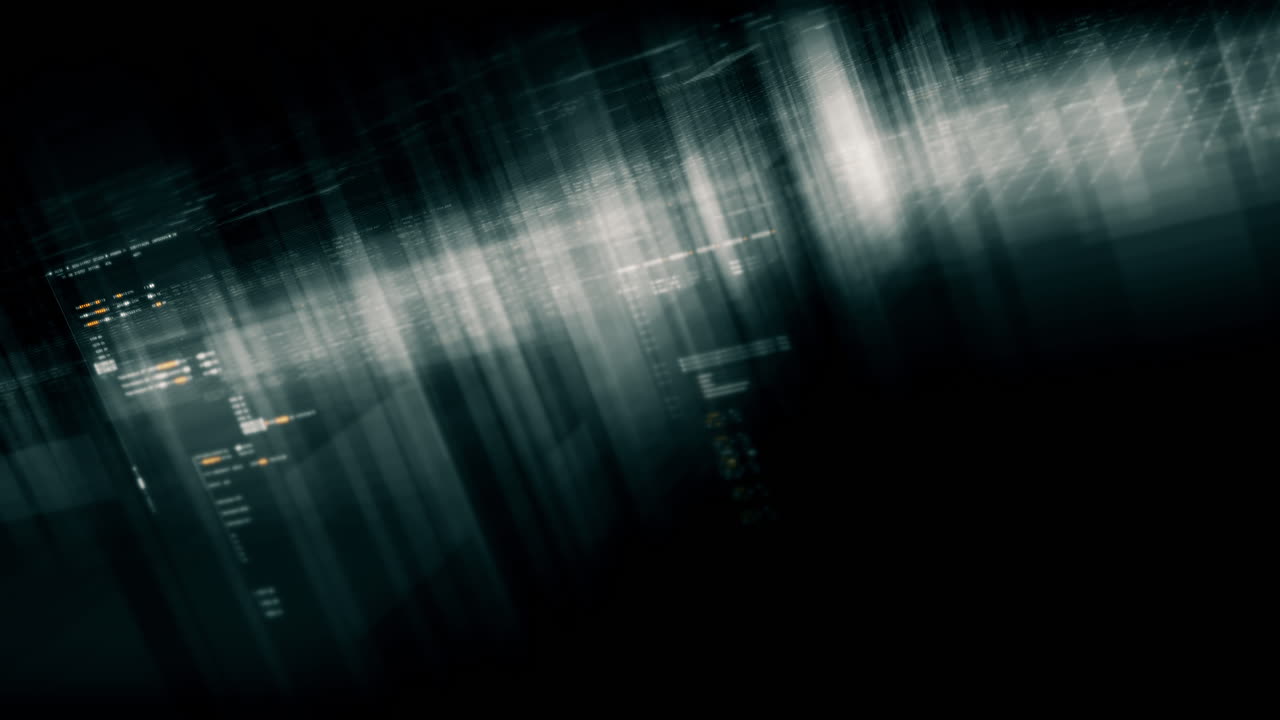 Futuristic data matrix simulation featuring metaverse-inspired elements, an information network, and hi-tech digital data telemetry with encrypted numbers. A dynamic background for computer display