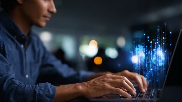 A focused individual works intently on a laptop, generating digital data visualizations and holographic effects, capturing the essence of modern technology and creativity in a dynamic workspace environment