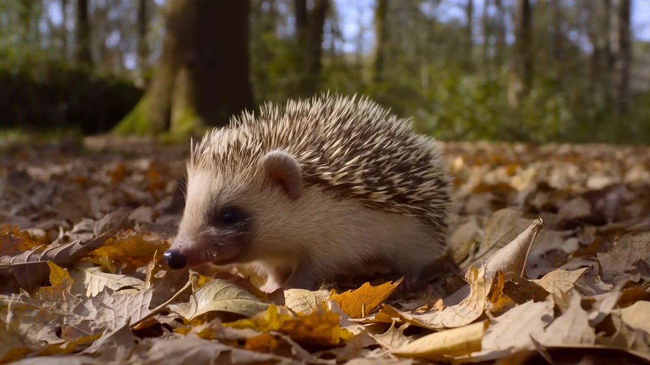 Kleiner Igel erkundet Herbstlaubteppich, neugieriger Futtersucher schnüffelt an gefallenen Blättern, Makroaufnahme aus tiefer Perspektive, warmes Licht.