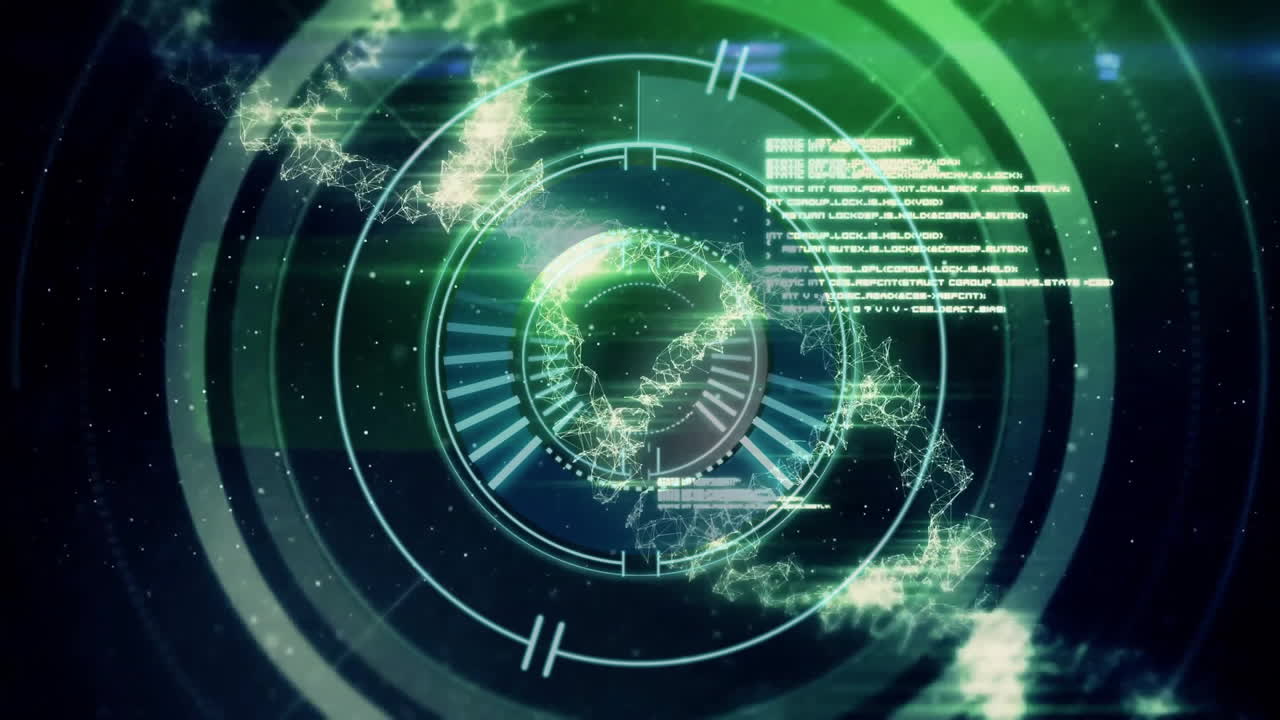 Animation of rotating globe with digital data streams in green tones