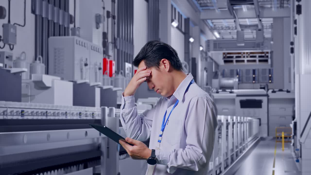 Side View Of An Asian Male Professional Worker Standing With His Tablet At Pharmaceutical Factory, Vaccine Production Facility, Checking With Dissapionted And Nodding His Head