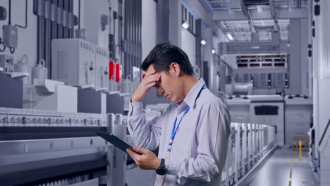 side view of an asian male professional worker standing with his tablet at pharmaceutical factory, vaccine production facility, checking with dissapionted and nodding his head