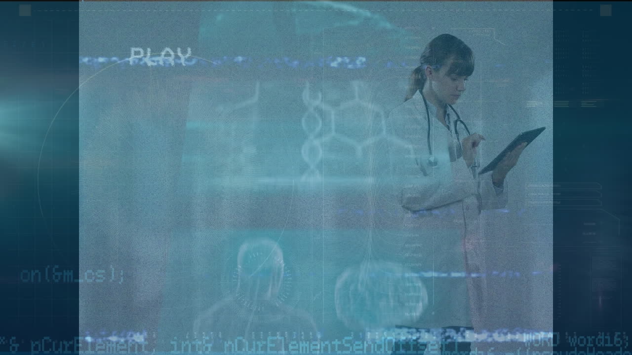 Animation of video with glitch over dna and caucasian female woman