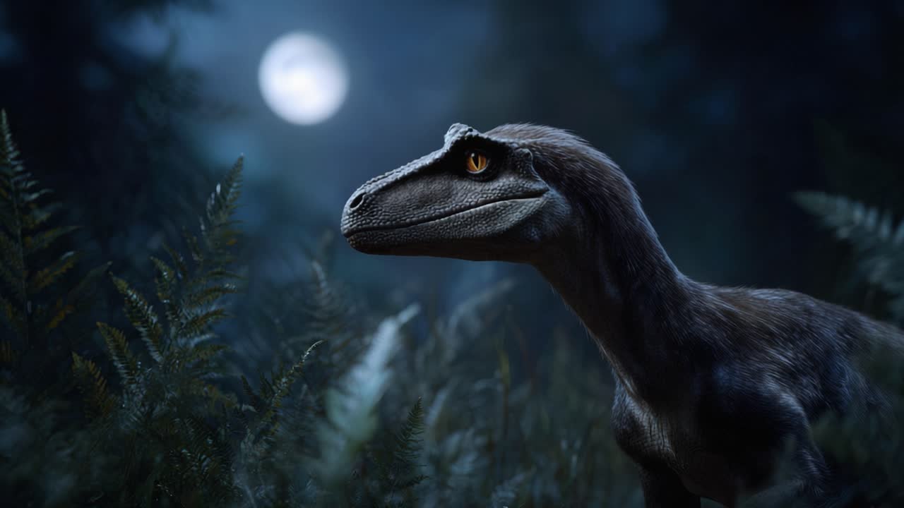 Un dinosauro notturno in una foresta illuminata dalla luna, che mostra le sue caratteristiche eleganti e lo sguardo intelligente mentre si muove attraverso la fitta vegetazione sotto il cielo notturno.