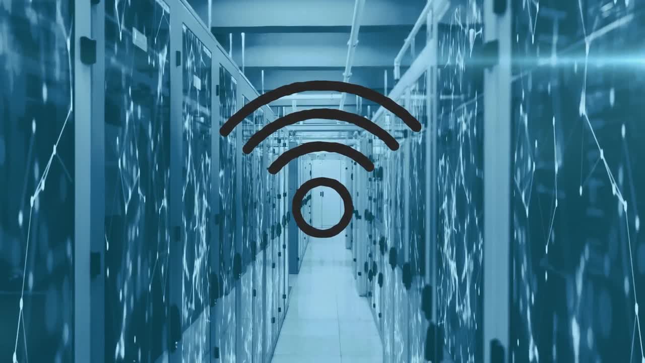 Animation of wifi symbol over tech room with computer servers
