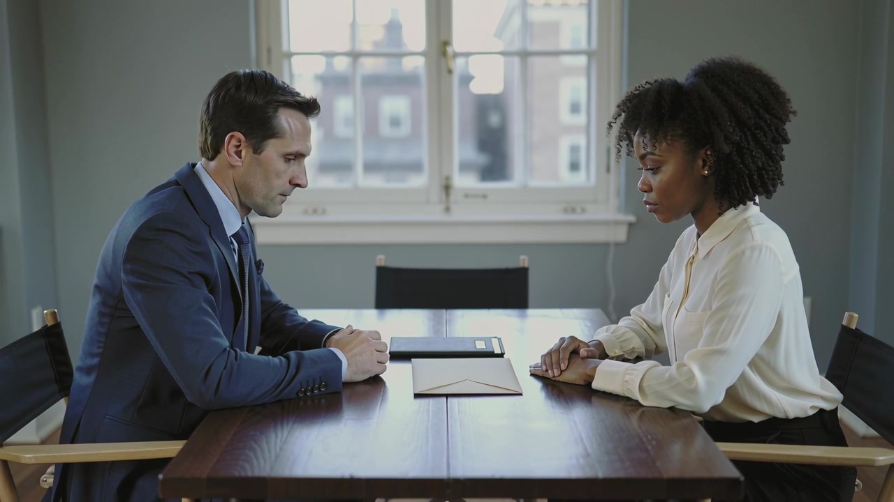Placing envelope man in suit preparing folder at meeting table for review woman in blouse watching