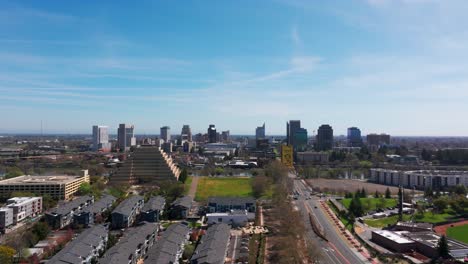 Slow-panning-drone-aerial-view-of-downtown-Sacrament,-California