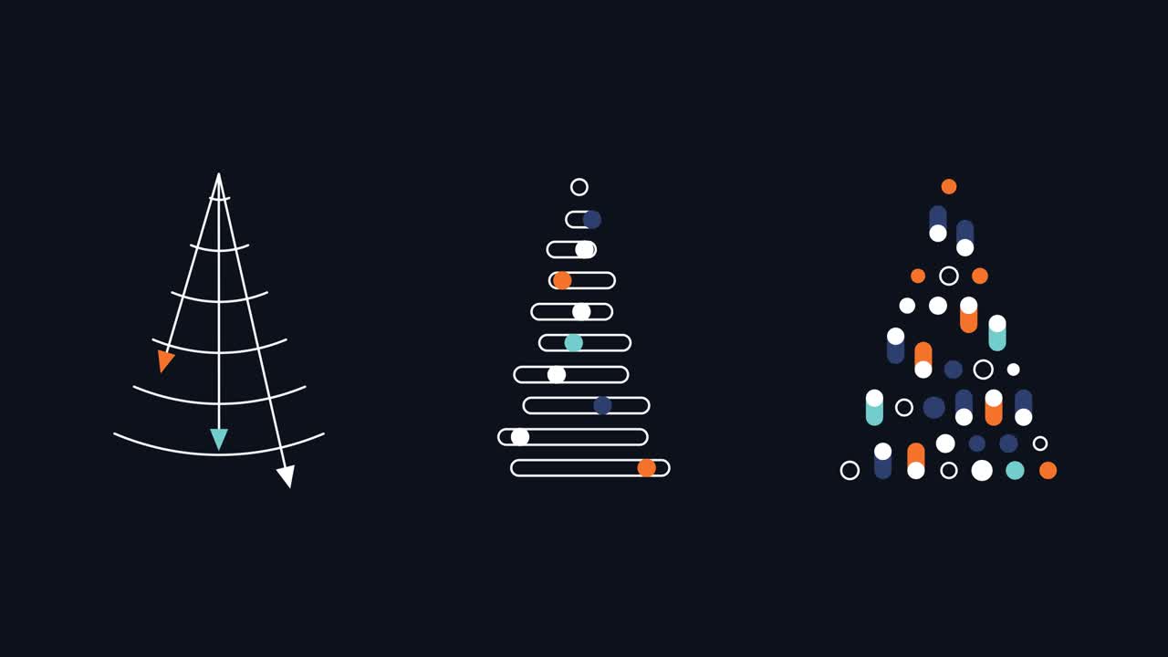 검은 바탕에 세 개의 만화 크리스마스 트리의 4k 비디오.