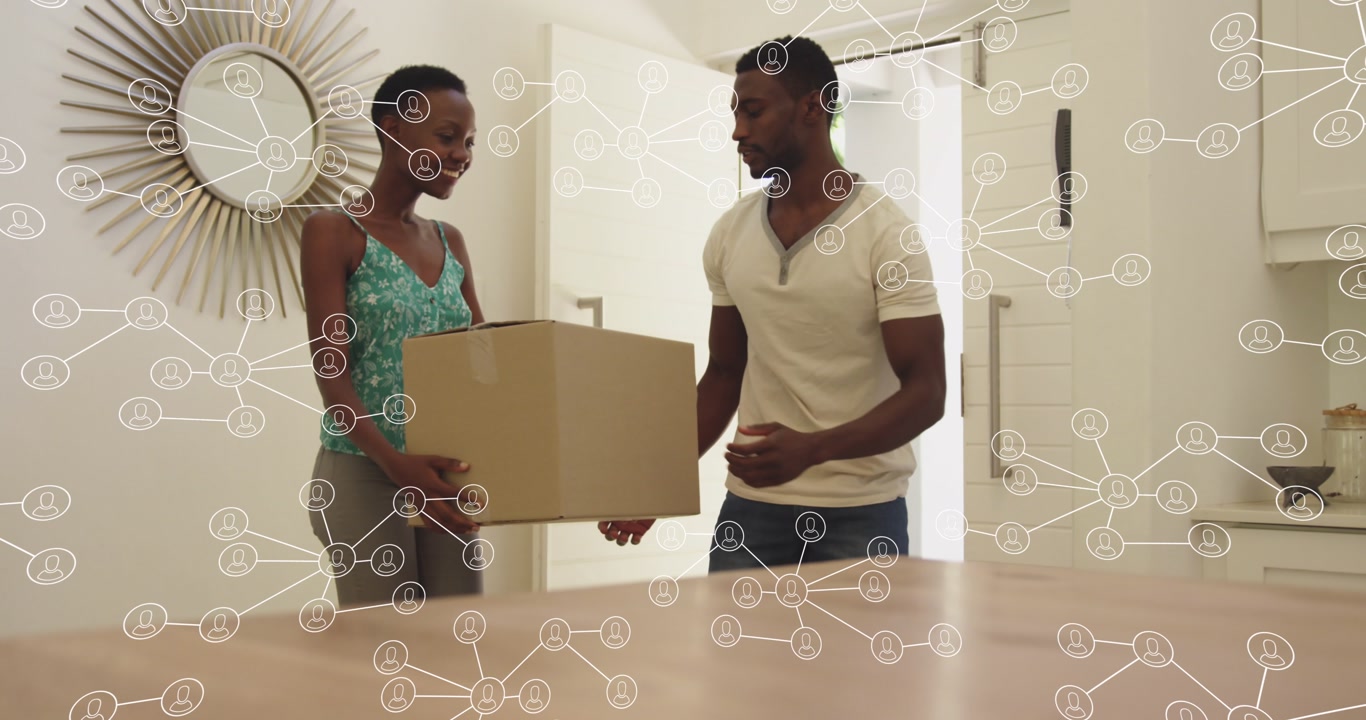 Animation of network of connections with icons over african american couple