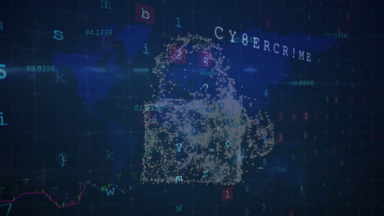 animación de iconos de conceptos de seguridad cibernética y procesamiento de datos contra el mapa del mundo en fondo azul