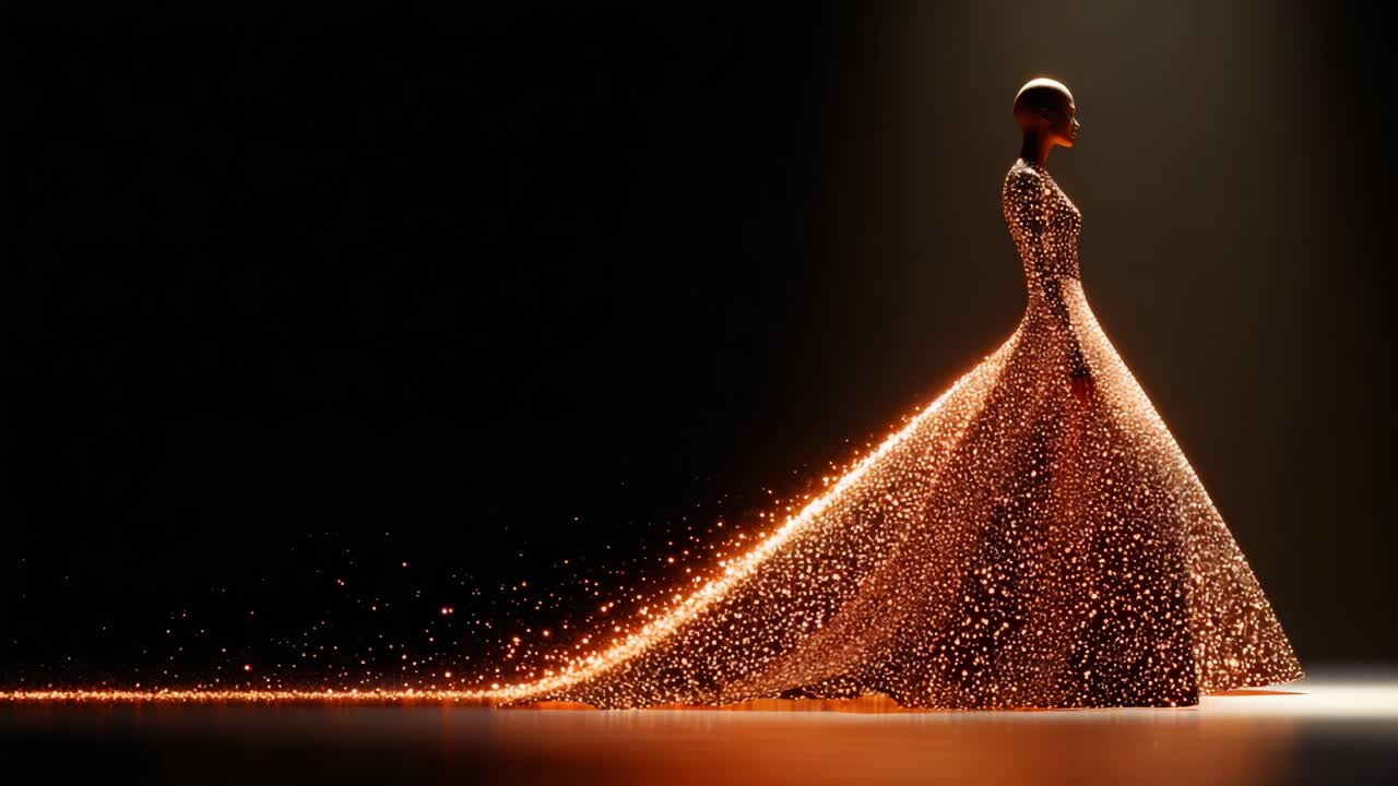A stunning visual of a model showcasing an ethereal dress artfully adorned with shimmering particles, creating a mesmerizing trail of glittering lights against a dark background, representing modern fashion innovation