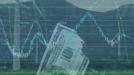 animación de gráficos, cambiando números y quemando billetes de 100 dólares sobre molinos de viento contra las montañas