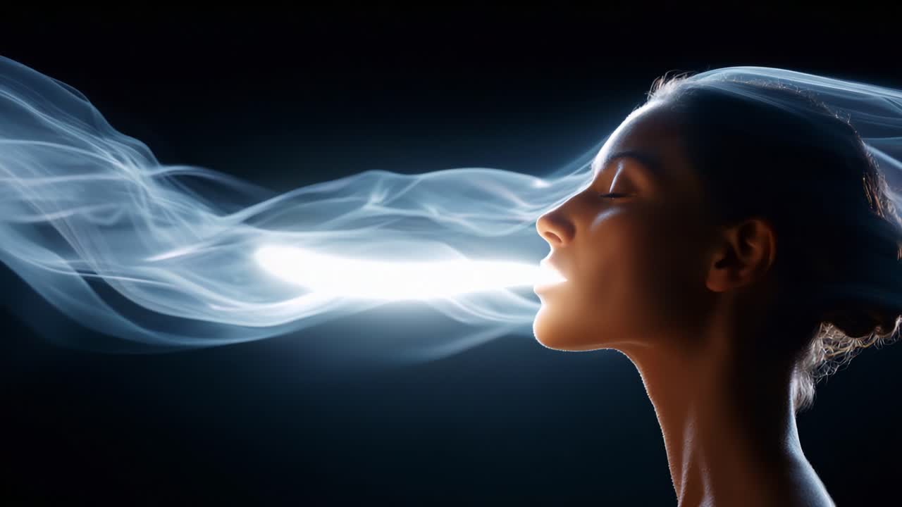 A captivating exploration of ethereal smoke forms emanating from a serene female figure, capturing moments of tranquility and introspection in a visually striking composition