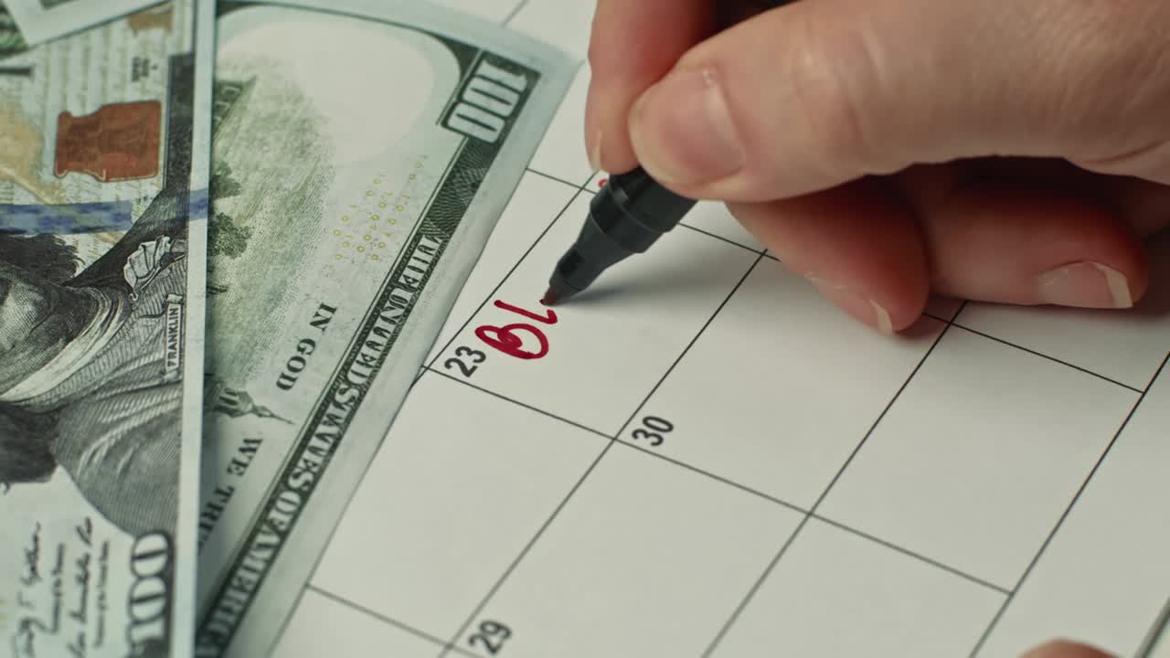 mujer marcando el día en el calendario escribiendo el viernes negro como recordatorio usando un bolígrafo negro