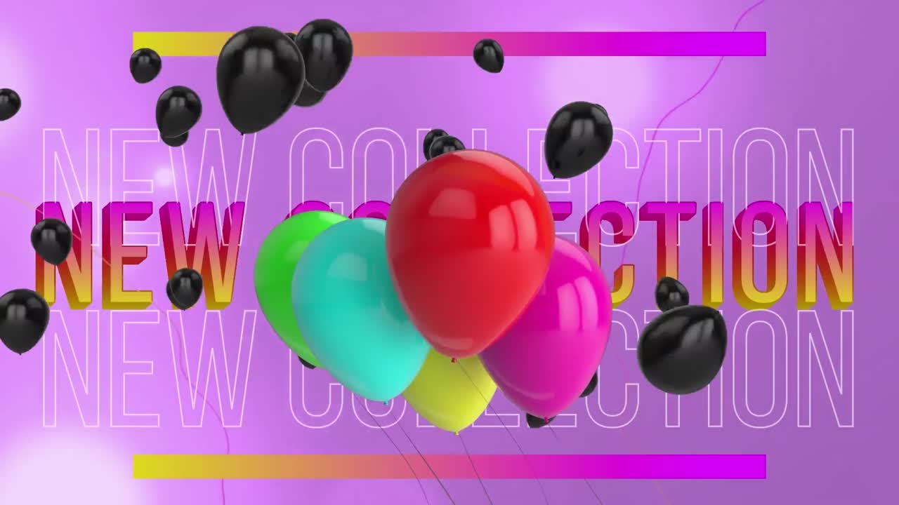 새로운 컬렉션 텍스트 배너에 대한 다채로운 풍선과 검은 풍선의 무리의 애니메이션