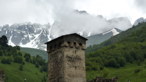 lamaria church in ushguli, upper svaneti, georgia - drone shot