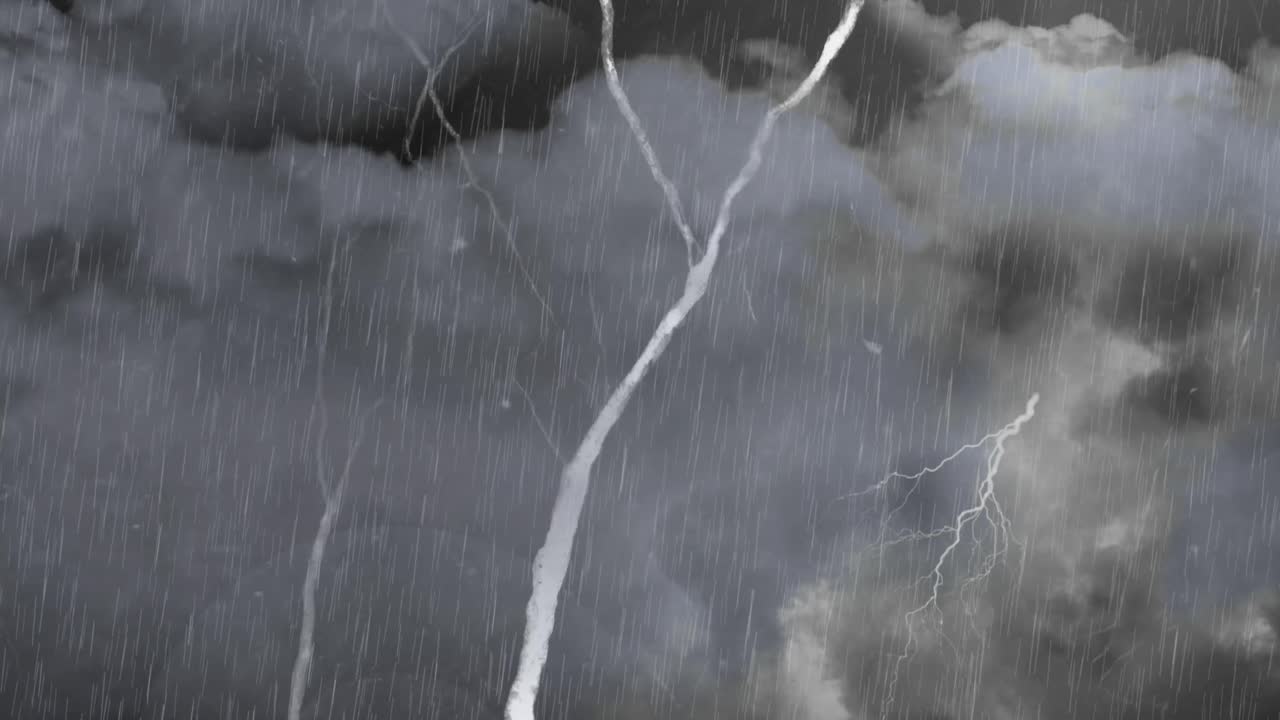 Animation Of Bolts Of Lightning Over Rain And Grey Cloudy Sky, Black