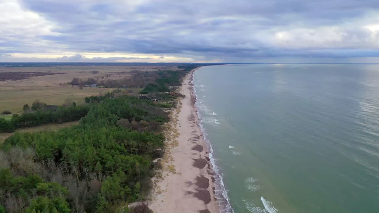 Houses at the wild beach and green forest. Flyover wild beach.