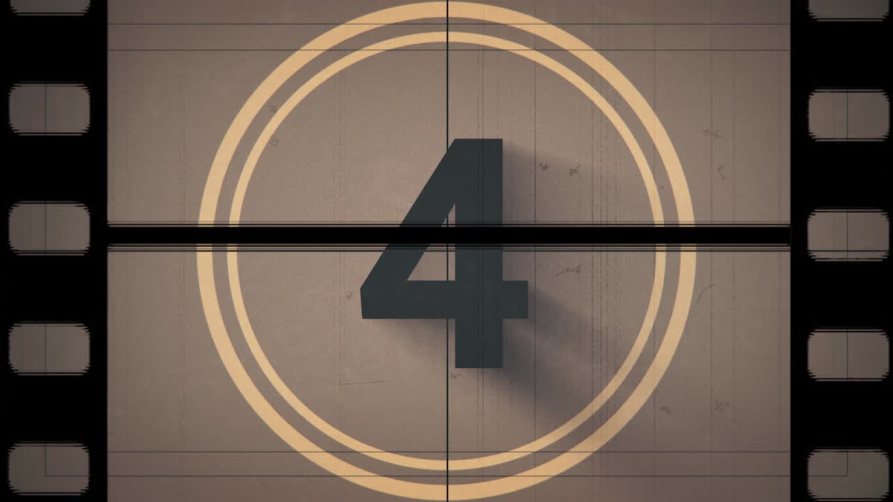 película líder cuenta atrás, vieja película cuenta atrás carrete de película, imitación de una vieja película con ruido y arañazos con rollo de película