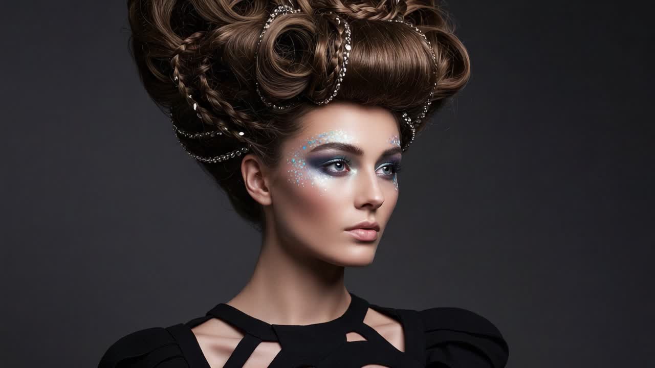 Stunning Portrait of a Model with Elaborate Hairstyle and Glittering Makeup Captured in a Fashion Editorial Setting, Highlighting Artistic Styling and Expression