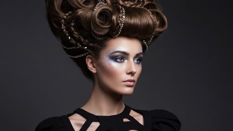 stunning portrait of a model with elaborate hairstyle and glittering makeup captured in a fashion editorial setting, highlighting artistic styling and expression