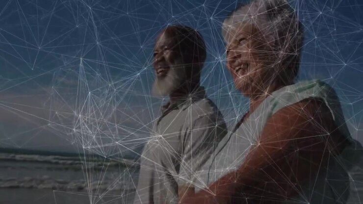 Couple pointing toward ocean horizon, with animated marketing chart rising above waves