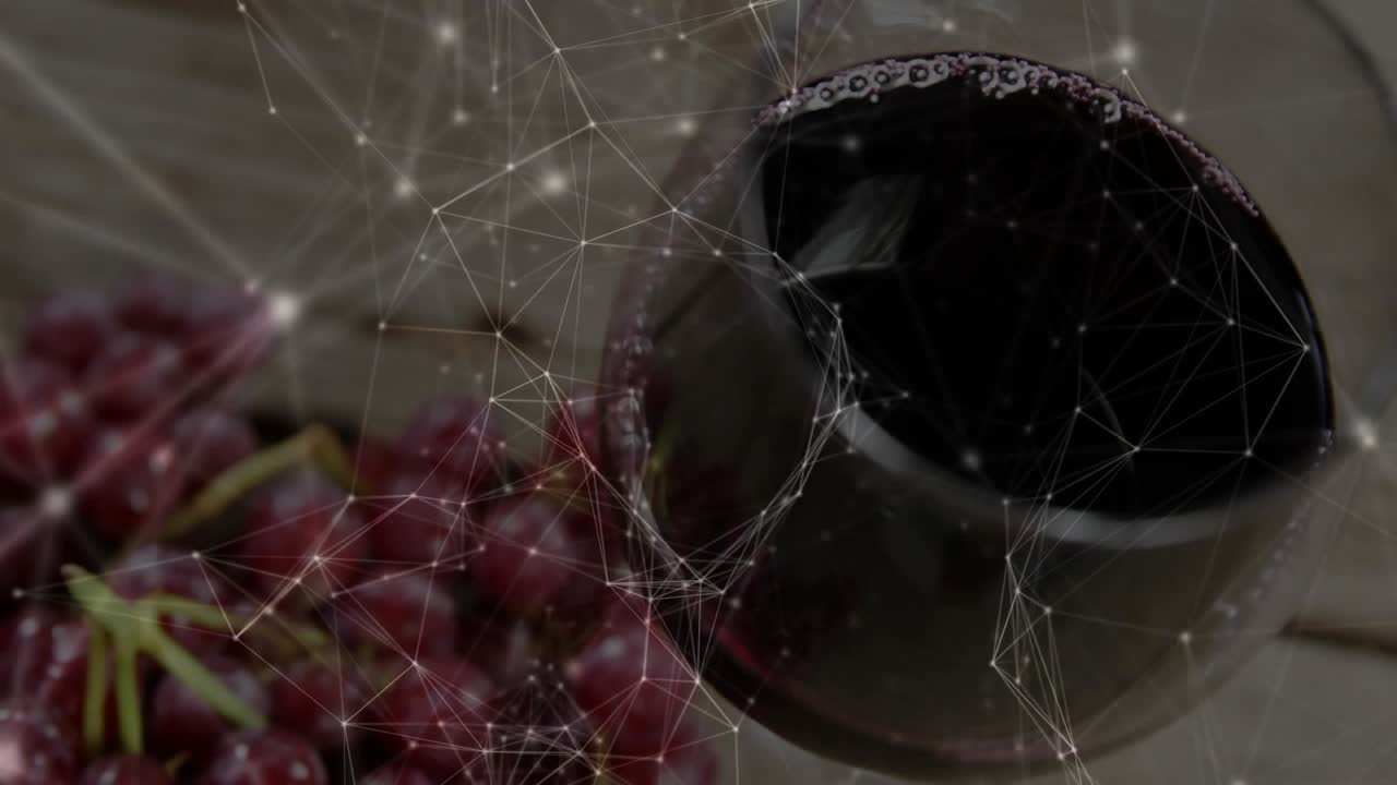 Network overlay showing, drifting, making glass drop while grapes staying center for still shot