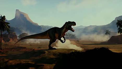 a tyrannosaurus rex dinosaur roaring in a lush prehistoric landscape