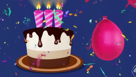 Multilayered chocolate birthday cake featuring three glowing candles, surrounded by pink balloons and colorful confetti drifting against bright blue backdrop, celebrating special moment