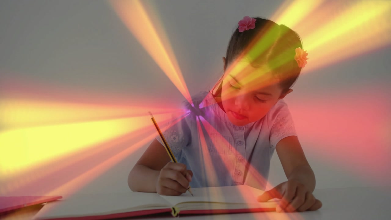 Child leaning writing in notebook, pencil touching paper sparking warm beams across scene for study