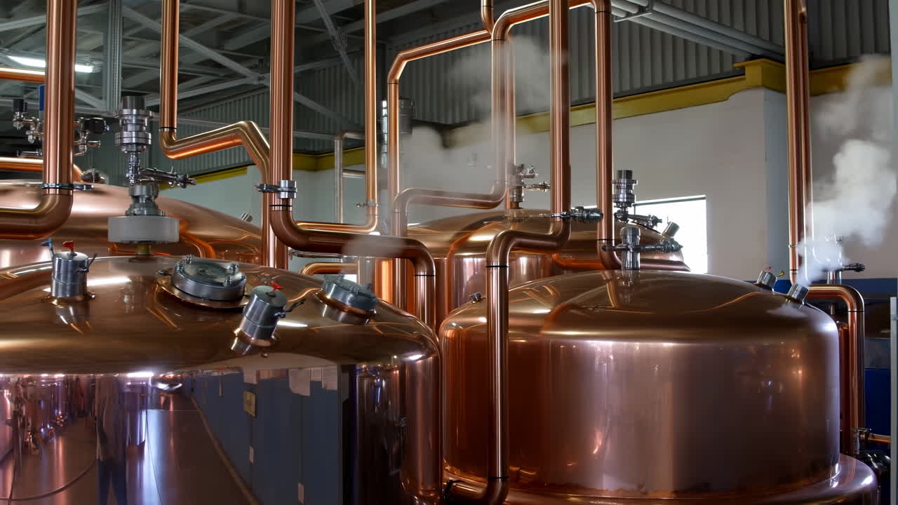 Vapor Subindo de Tanques de Fermentação de Cobre em uma Cervejaria Moderna