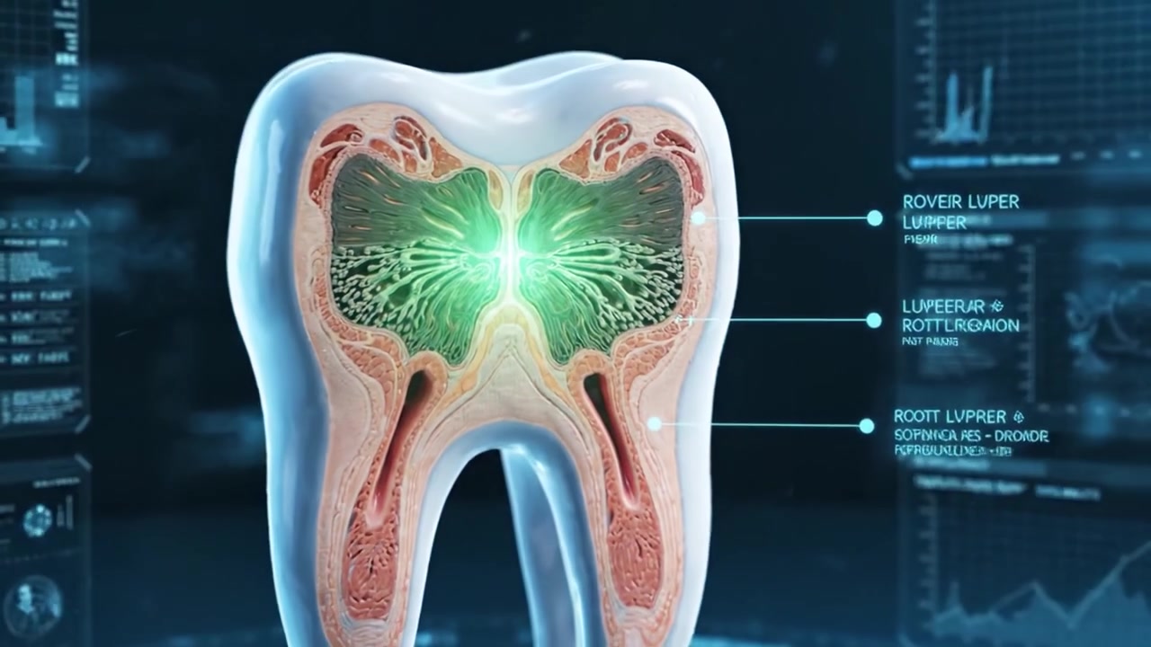 Esplorando le complessità dell'anatomia dentale: una visualizzazione 3D della struttura di un dente e della sua vitalità sotto analisi digitale.