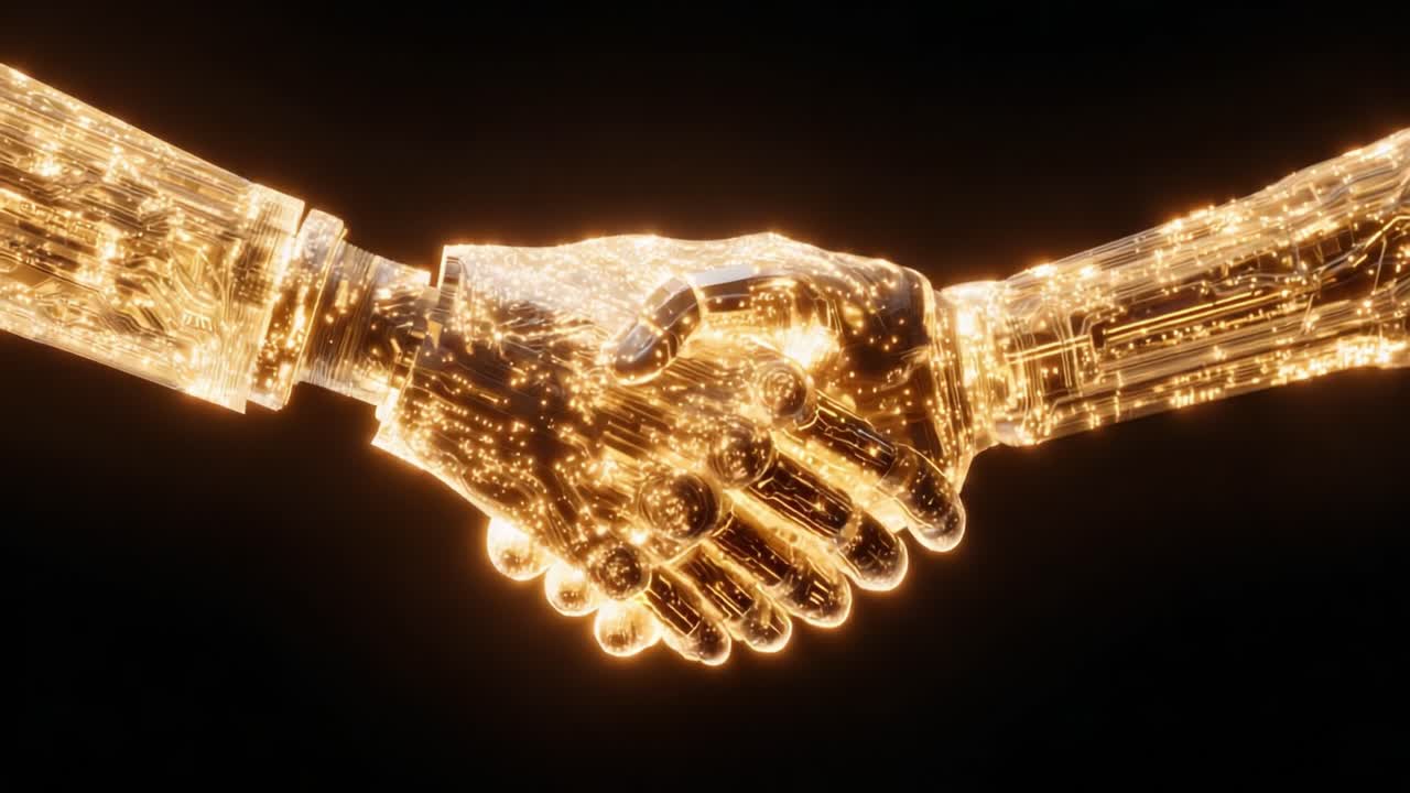 A Stunning Representation of Connectivity with a Glowing Handshake Between Two Advanced Robotic Hands, Highlighting the Fusion of Technology and Human Interaction