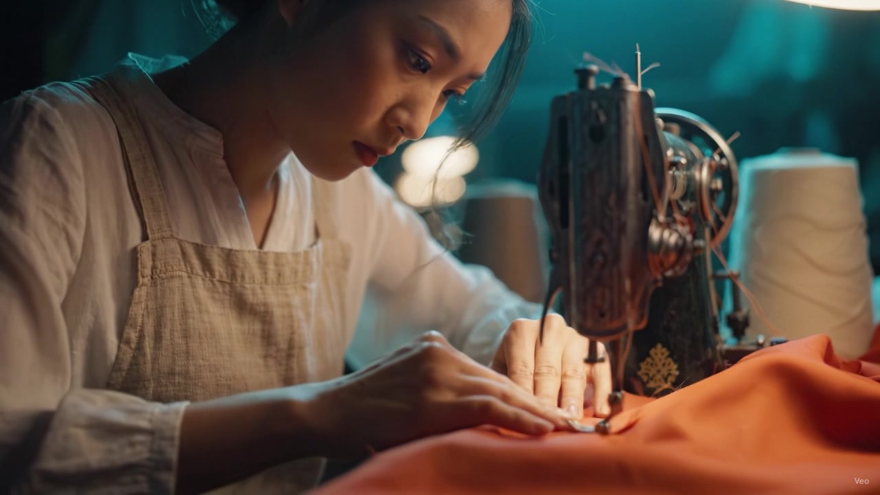 Una sarta dedicata si concentra intensamente sul suo compito, cucendo delicatamente un tessuto luminoso con una macchina da cucire vintage in un ambiente di laboratorio delicatamente illuminato.