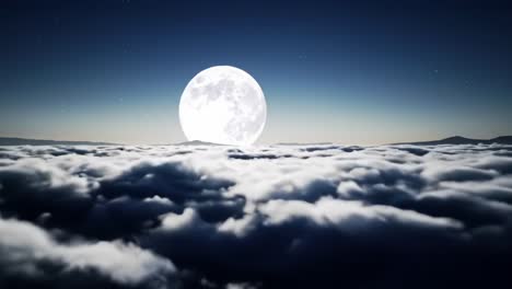 a mesmerizing view of a luminous full moon casting its ethereal glow over a sea of wispy clouds, creating a serene night sky landscape adorned with distant mountains
