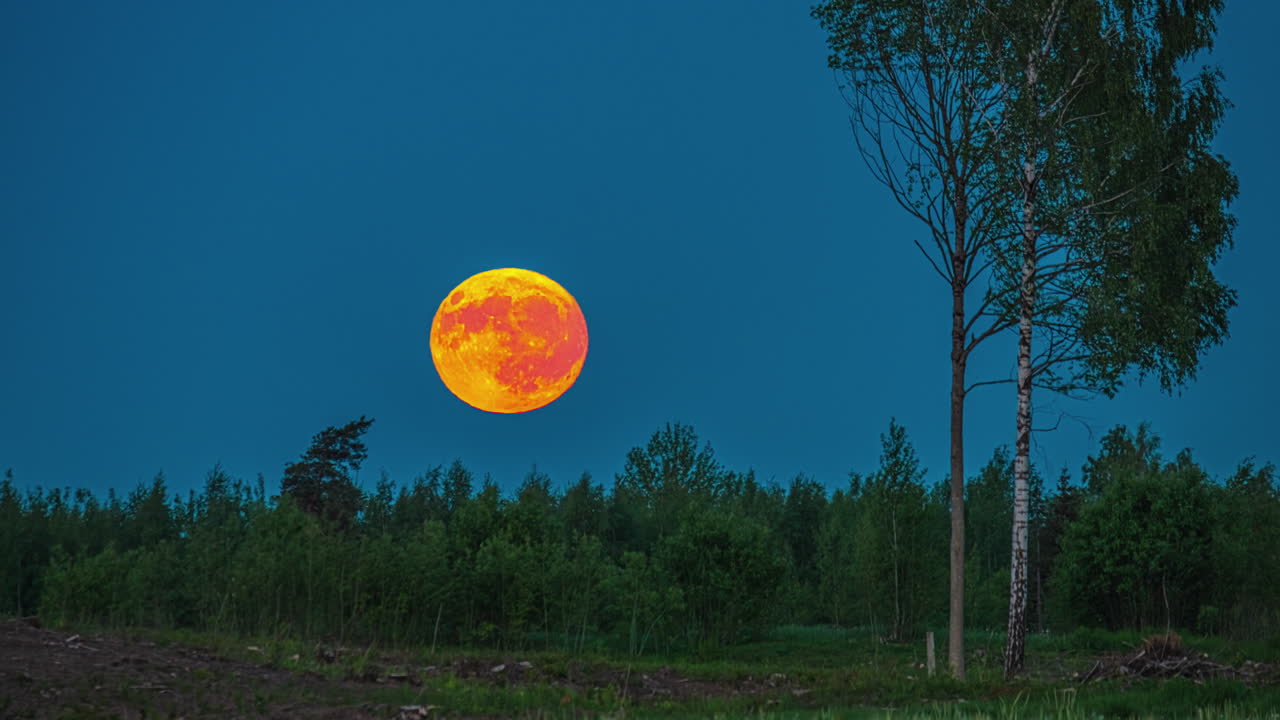 close up timelapse de una superluna brillante de color amarillo mientras se pone detrás de un paisaje forestal en letonia