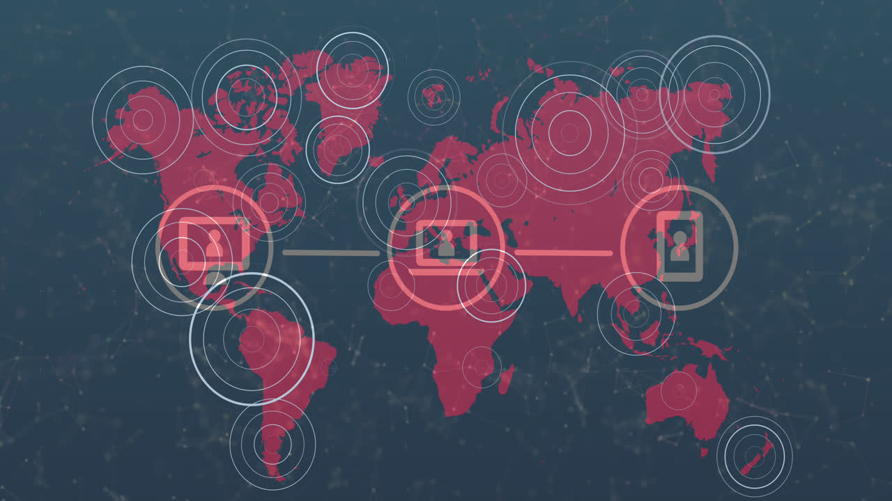 red de iconos digitales sobre círculos pulsantes en el mapa del mundo contra un fondo azul
