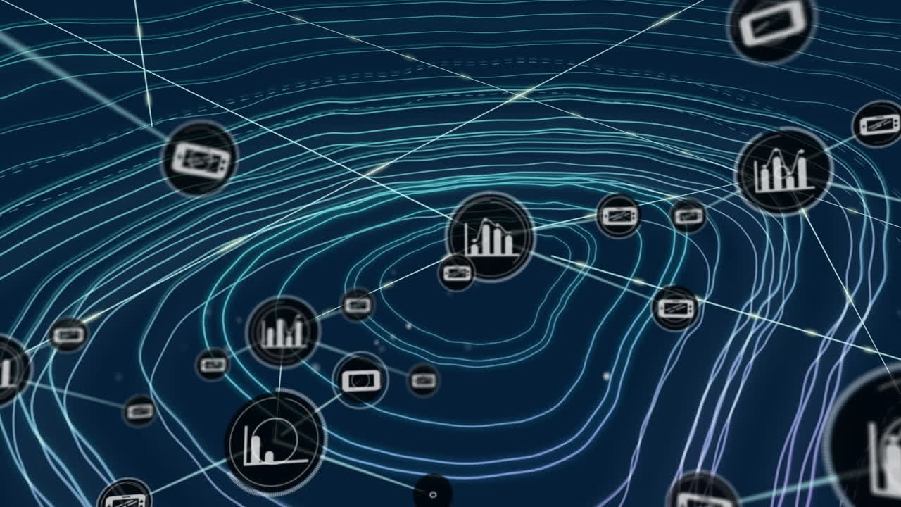 Animation of network of business and media icons transferring data over contour lines on blue