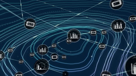 Animation-of-network-of-business-and-media-icons-transferring-data-over-contour-lines-on-blue