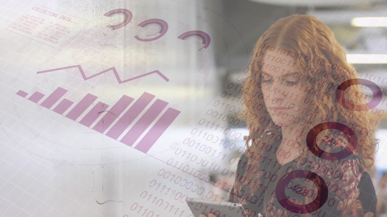 animación del procesamiento de datos financieros sobre una mujer de negocios caucásica que trabaja en la oficina