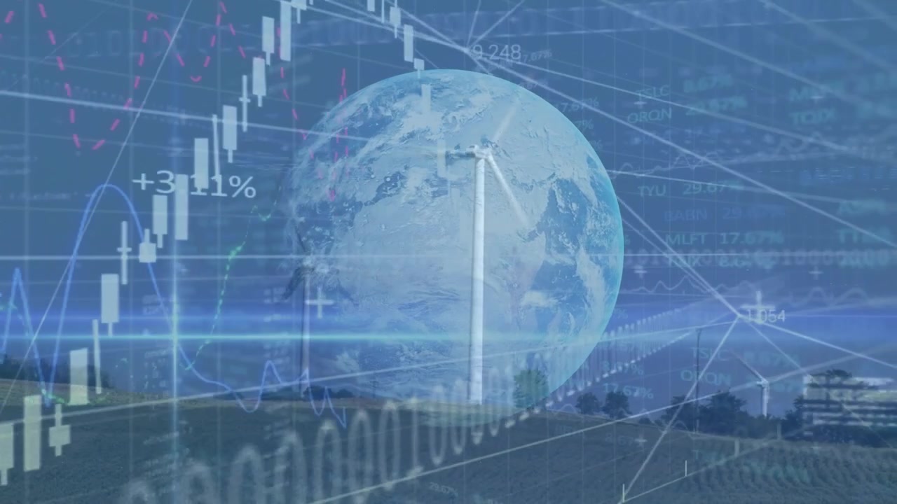 Animation of financial data and globe over wind turbine