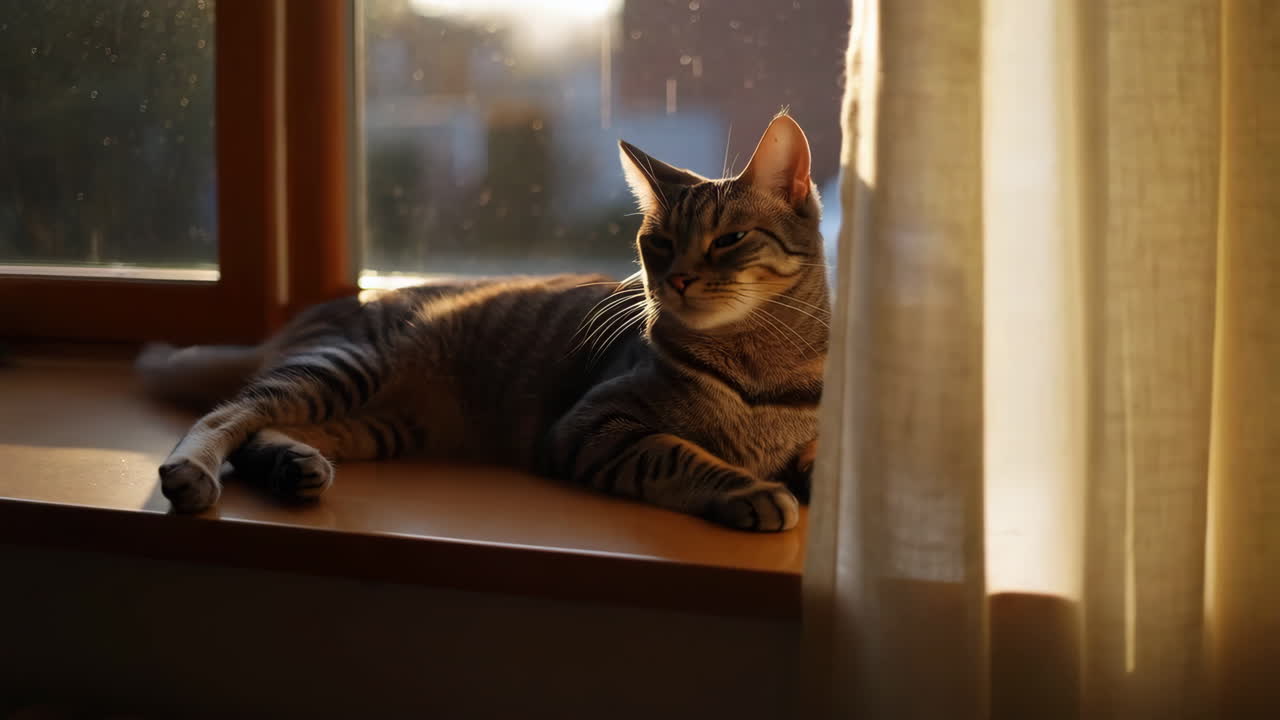 A tabby cat relaxing on a window sill