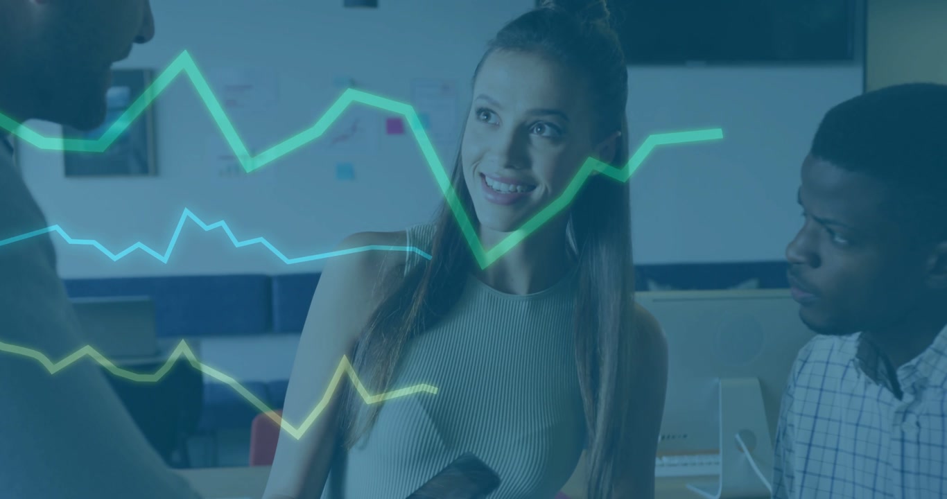 Central woman tapping phone while team leaning, animated line charts highlighting business data