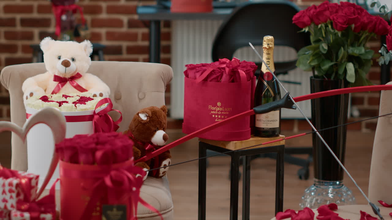Romantic Valentine's Day Celebration with Champagne, Roses, and Teddy Bears