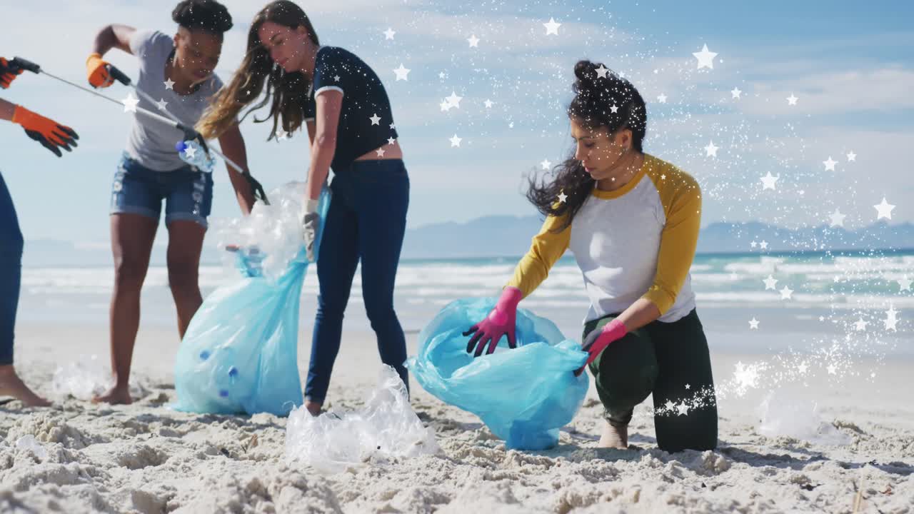 Animazione di stelle su volontari e volontarie diversi che raccolgono rifiuti in spiaggia